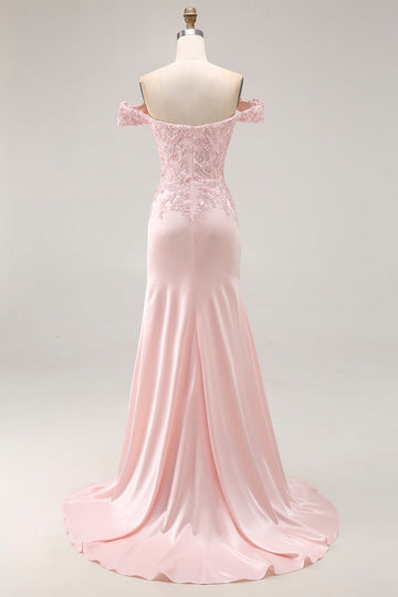 Roze zeemeermin van de schouder lange formele jurk met appliques